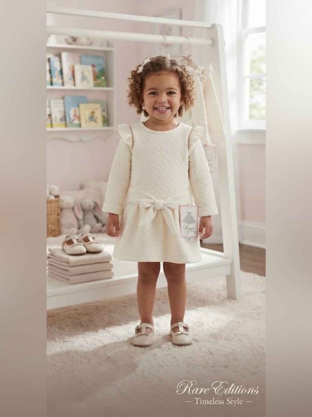 NWT ~ Rare Editions Cream Textured Bow-Front Dress for Girls ~ Sz 24 mos
